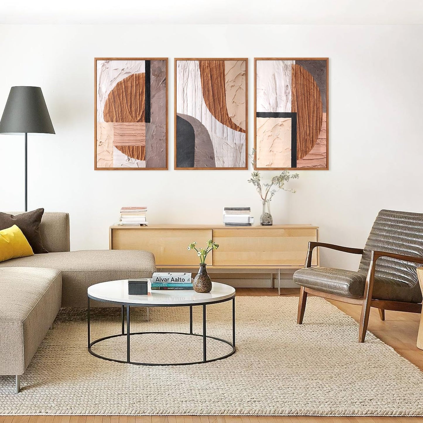 Aurlan Neutral Abstract Oval Rectangular Framed Wall Art(16"x24"), 3 PCS Minimalist Black Beige Brown Gray 3D Textured Canvas Artwork, Large Modern Geometric Illustration Art Wall Decor for Office Living Room Bedroom