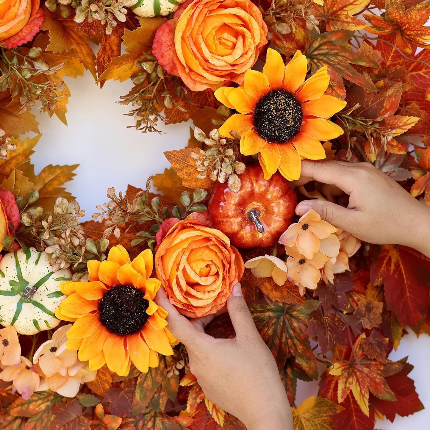 28'' Large Fall Wreath for Front Door, Porch, Window- Artificial Maple Leaves Fake Pumpkins Faux Rose Sunflower Outdoor Autumn Wreath for Home, Farmhouse Wall Thanksgiving Day Harvest Festival Decor