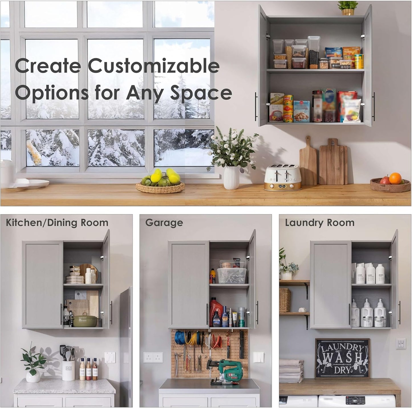 FIMELLO 59" Wall Cabinets for Laundry Room with Adjustable Shelf, Laundry Room Cabinets Wall Mounted, White Wall Cabinet with Shaker Doors, Kitchen Wall Cabinet, Hanging Cabinets for Bathroom -Gray