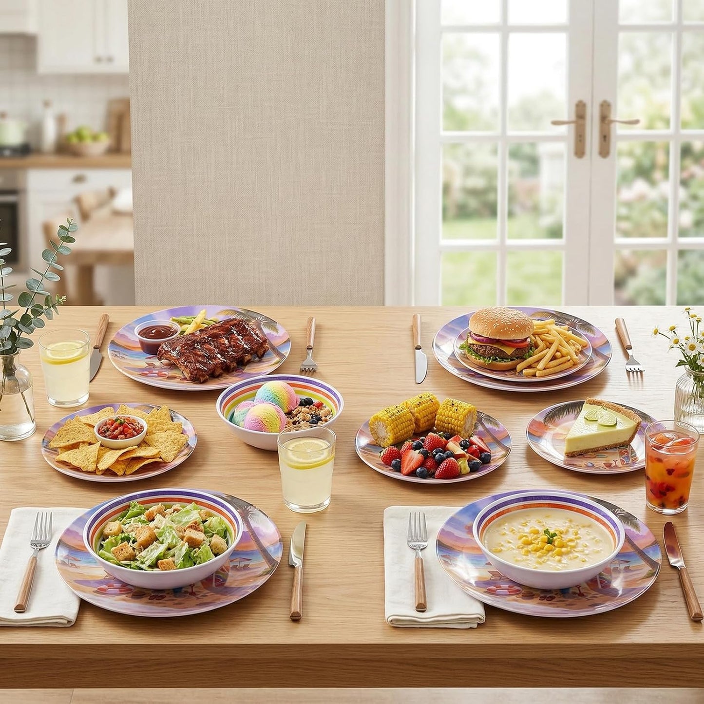 12 Piece Melamine Plates and Bowls Set - Beach Sunset Melamine Dinnerware Set for 4，Unbreakable Dishes Set，Stackable Lightweight Plates & Bowls for Indoor & Outdoor Use，Tropical Sunset