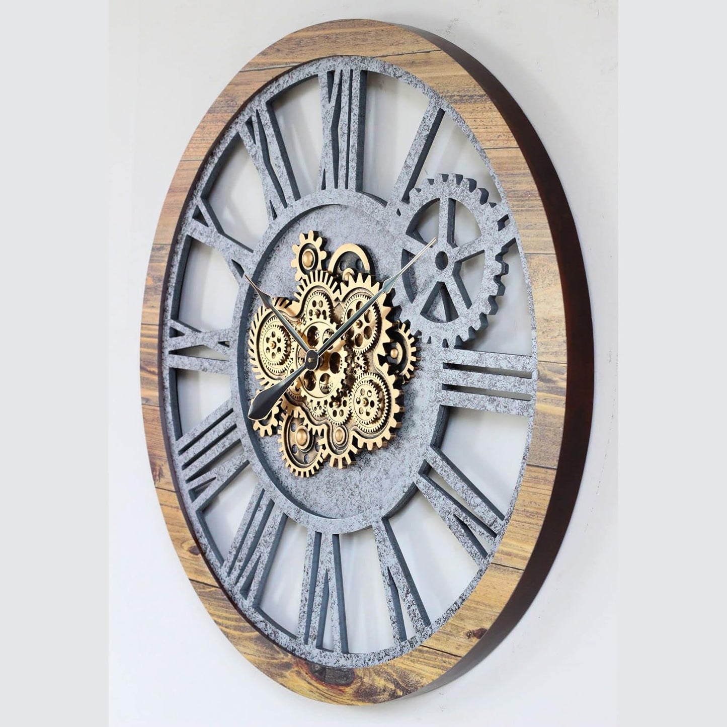 The Gears Clock 36'' Inch Real Moving Gear Wall Clock Vintage Industrial Oversized Rustic Farmhouse (Wood and Stone)