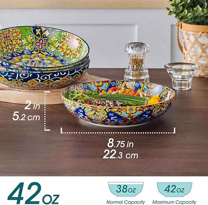 vancasso Pasta Bowls, 42 oz Ceramic Salad Bowls of 4,Large Corlorful Serving Bowls for Kitchen, Dishwasher & Microwave Safe Soup Bowls, Pasta Plates