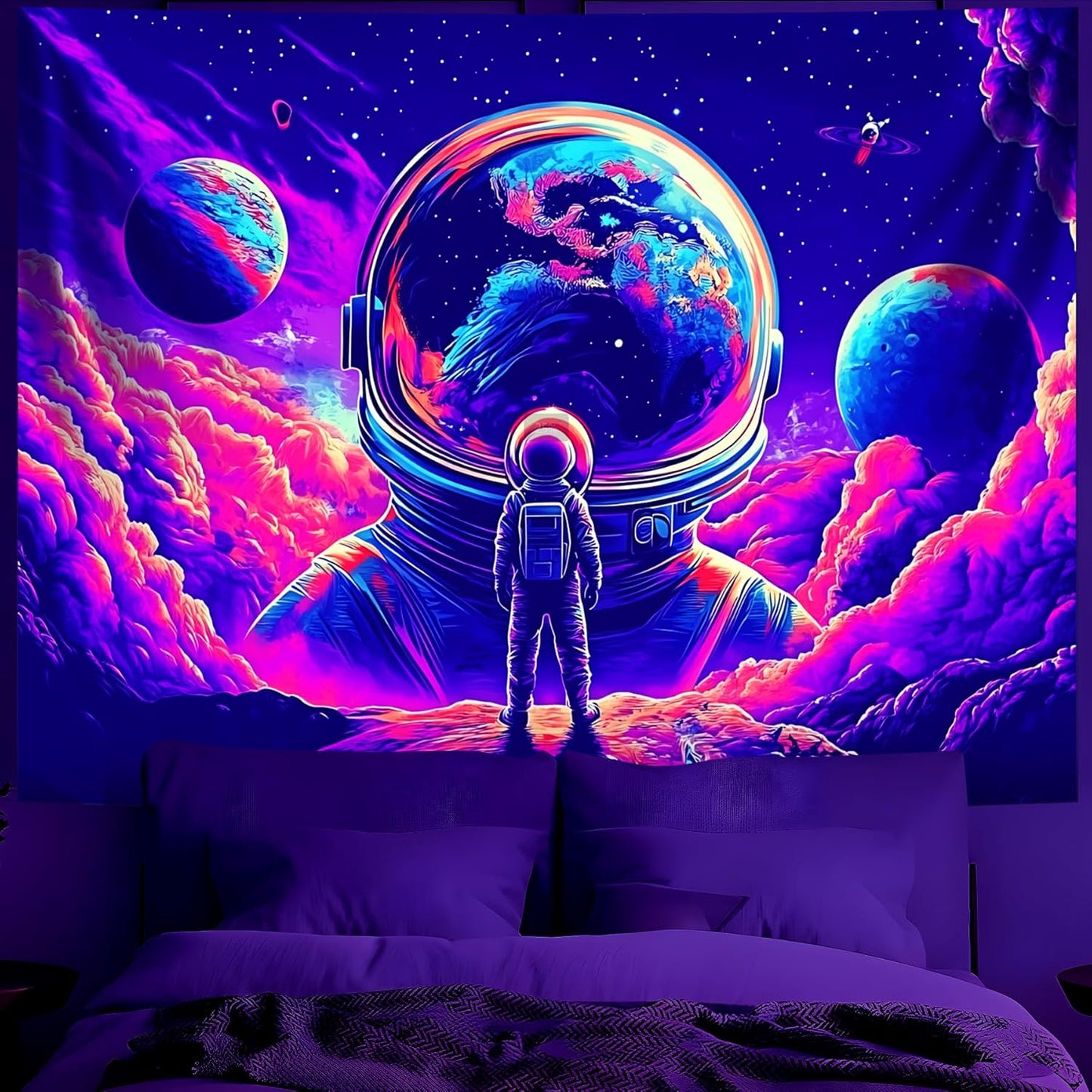 BVBOX Astronaut Space Blacklight Tapestry 79"x59", UV Reactive Astronaut Universe Planet Glow in Dark Tapestries, Black Light Neon Upright Poster Wall Hanging Backdrop Decor for Bedroom Living Room