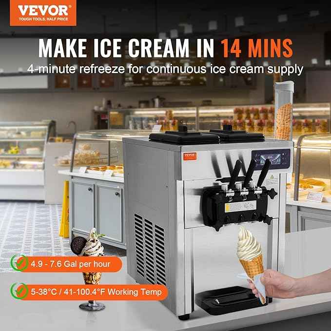 VEVOR Commercial Ice Cream Machine, 18-28 L/H Yield, 1850W 3-Flavor Countertop Soft Serve Ice Cream Maker, 2 x 5.5L Stainless Steel Cylinder, LED Panel Auto Clean Pre-cooling, for Restaurant Bars