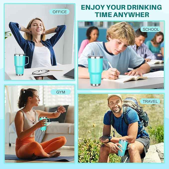 30 oz Stainless Steel Tumbler with Handle, Double Wall Vacuum Insulated Coffee Mug Tumbler with Lid and Straw, Thermal Cup for Cold and Hot (Mint Green)