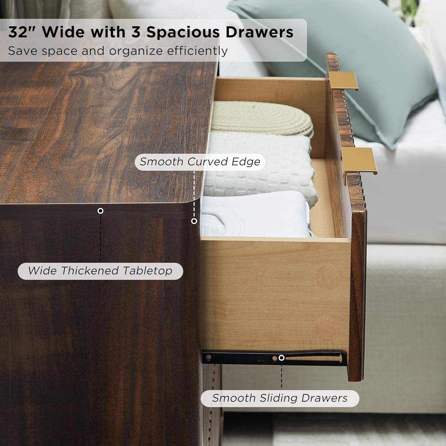 T4TREAM 32" Tall Fluted Nightstand Set of 2, Modern Side Table, 3 Drawers End Table w/Storage, Bedside Table for Bedroom, Living Room, Curved Profile Design, Dark Walnut