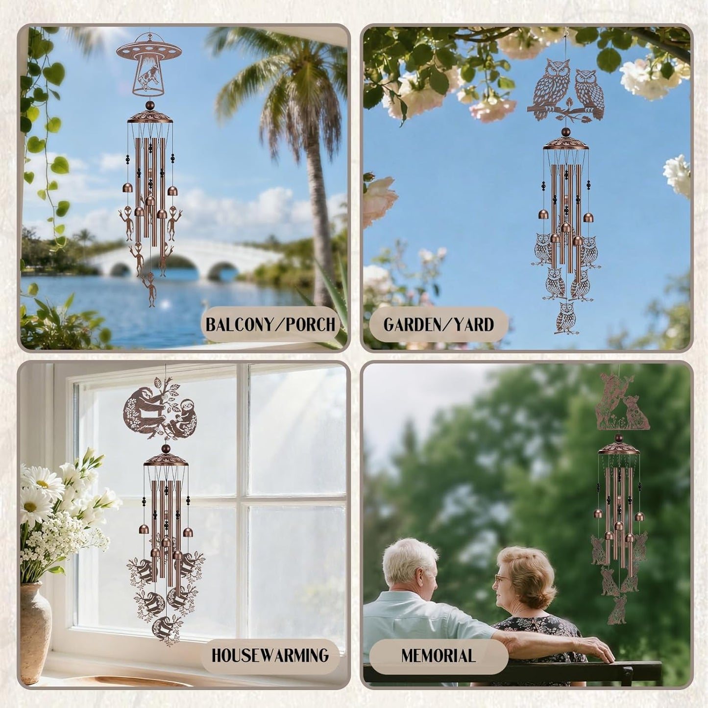 Wind Chimes for Outside - Owl Gifts for Women Mom Grandma Metal Windchimes with Greeting Card Indoor Outdoor Art Decor Garden Patio Lawn Hanging Decoration Christmas New Year Birthday Gift