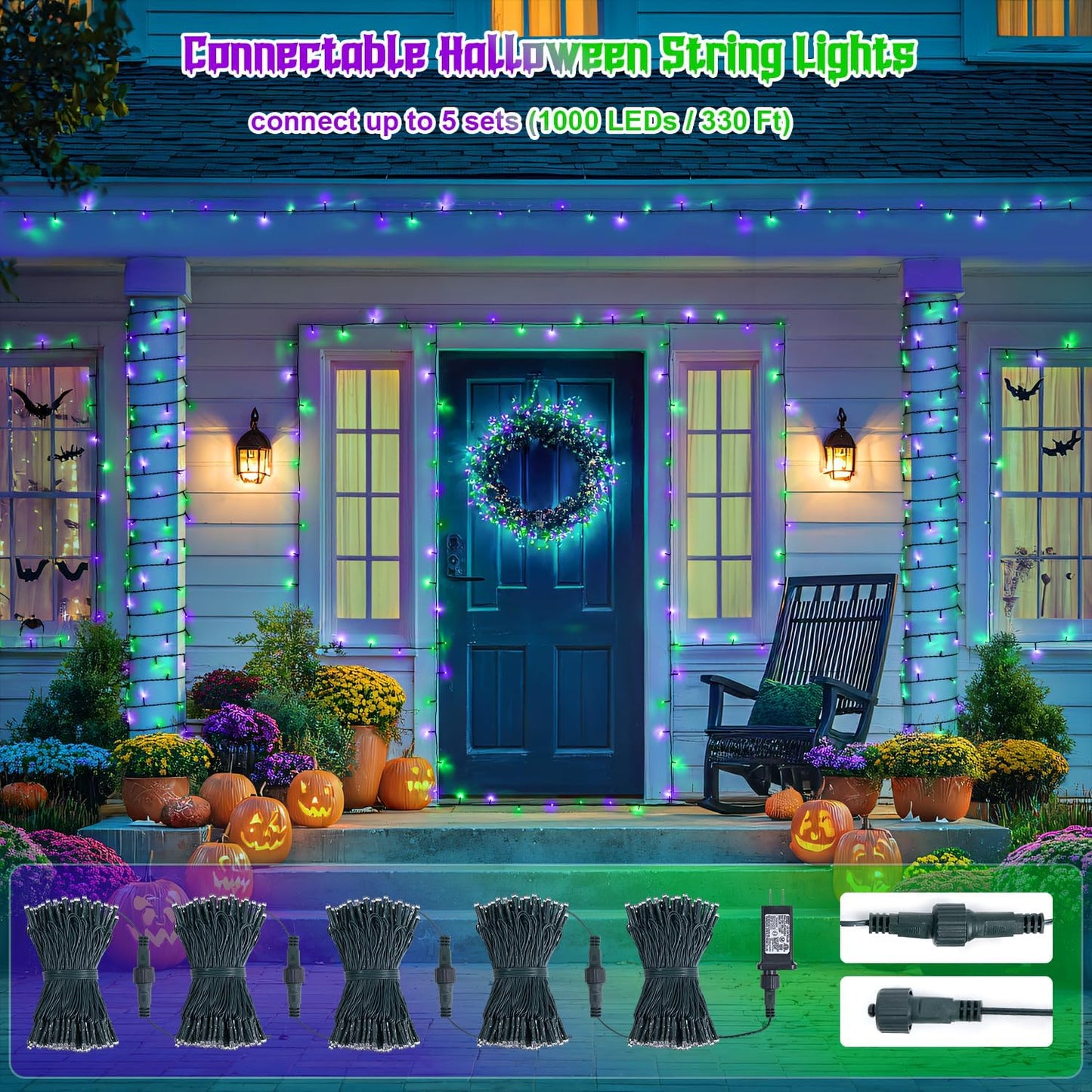 JMEXSUSS 200 LED Purple and Green Halloween Lights Plug in, 66ft Connectable Halloween String Lights,8 Modes Outdoor Waterproof Tree Light for Yard Outdoor Indoor Bedroom Garden Patio Decor