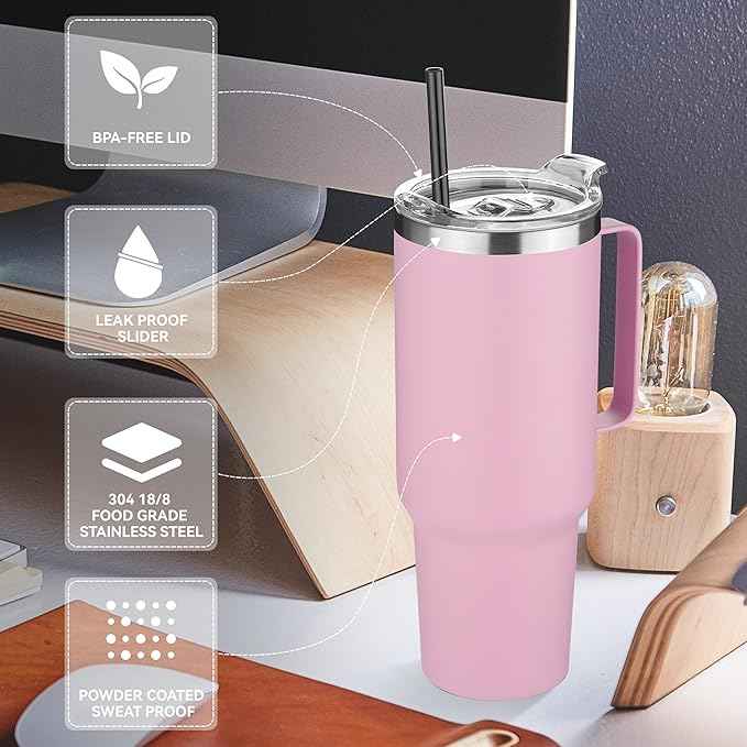HASLE OUTFITTERS 40 oz Stainless Steel Tumbler with Handle, Vacuum Insulated Tumblers Bulk, Reusable Double Wall Travel Coffee Mug, Durable Powder Coated Water Bottle(Pink, 1)