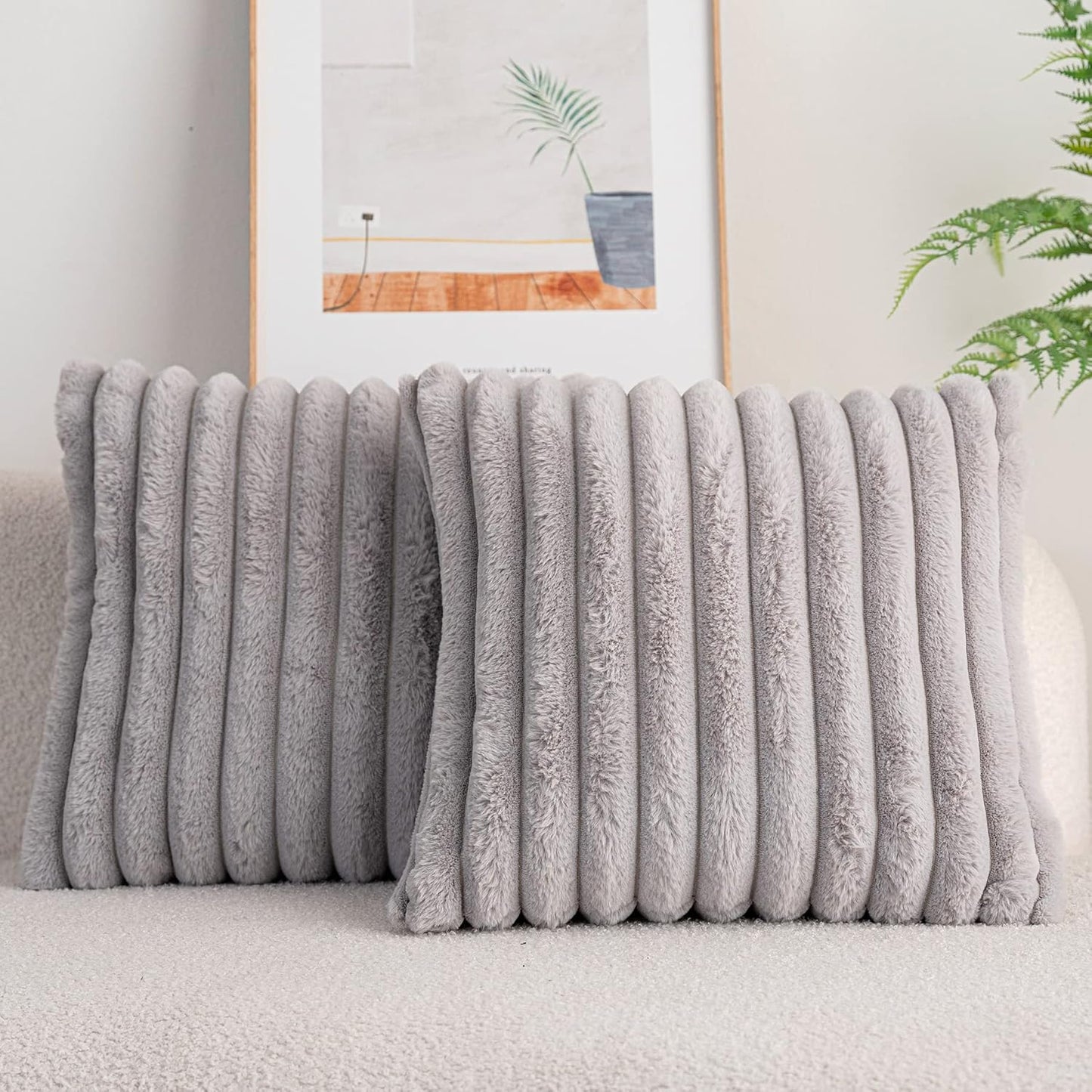 DEELAND Pack of 2,Double-Sided Faux Fur Plush Decorative Throw Pillow Covers Fuzzy Striped Soft Pillowcase Cushion Covers for Sofa Couch Bedroom Lightgrey 24x24 inch