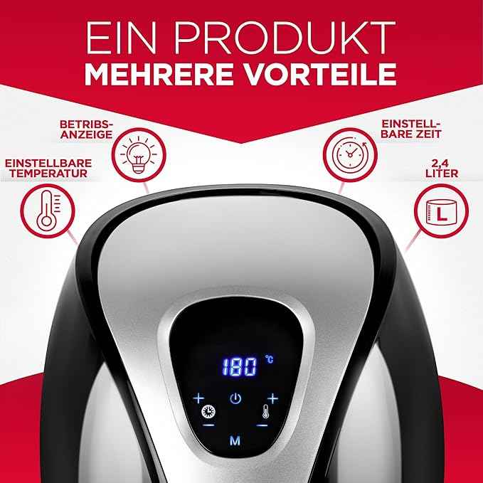 alpina Hot air fryer, fryer, roasting, frying, grilling, roasting and frying, up to 80% less fat, 2-4 people, 2.4 liters, black