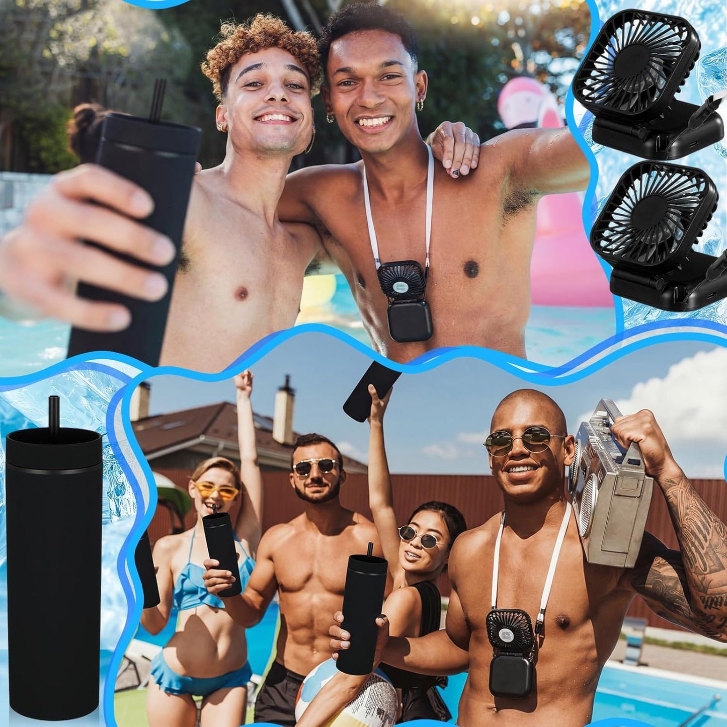 Reallnaive 6 Pcs Skinny Tumbler Bulk and Mini Portable Fans Set for Summer, 16 oz Plastic Cups with Lids Straws and Small USB Rechargeable Handheld Fan for Cooling Gift (Black)