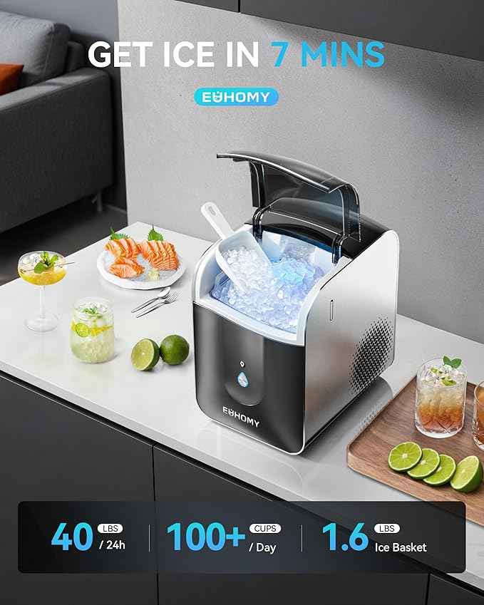 EUHOMY Smart Nugget Ice Maker Countertop, Sonic Ice Maker Machine with APP Control, Ready in 7 Mins, 40lbs/24H, Self-Cleaning, Portable Pebble Ice Makers with Hanging Ice Scoop for Home/Kitchen/Office