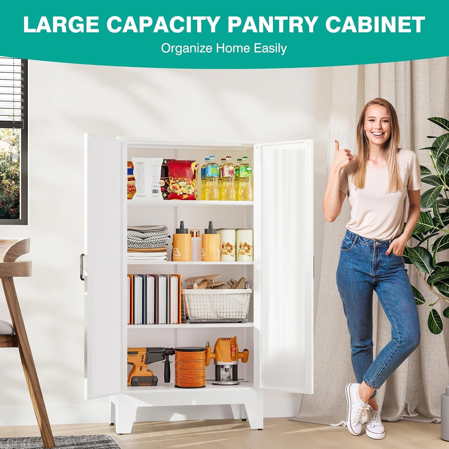 SISESOL Metal Storage Cabinet with 2 Doors and 3 Shelves,White Pantry Storage Cabinet with Legs,Farmhouse Pantry Cabinets Cupboard,Bathroom Cabinets for Home,Kitchen,Dining/Living Room (47.3" H)