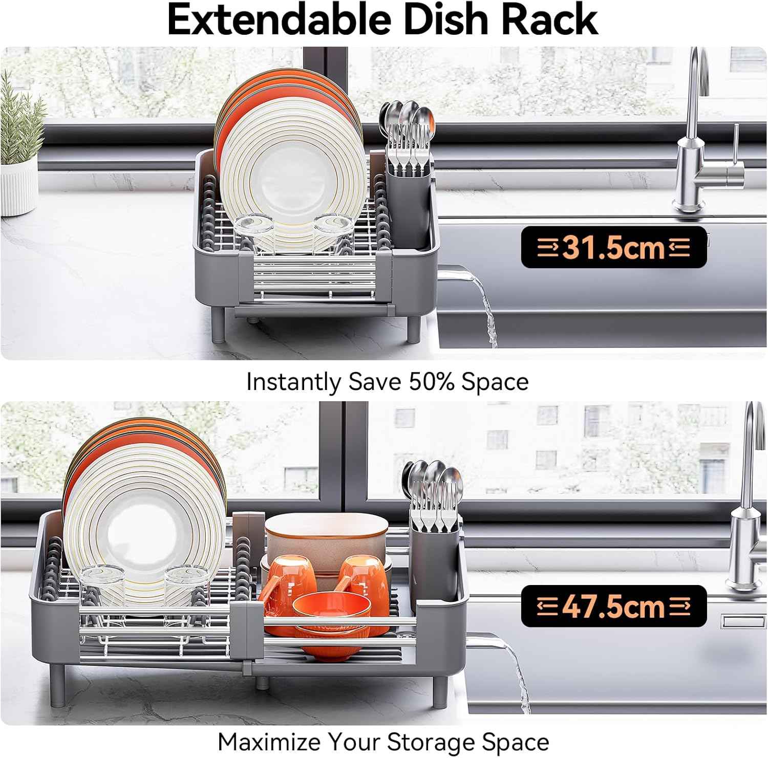 Urackify Stainless Steel Dish Drying Rack - Dish Drainer for Kitchen Counter, Extendable Drainboard with Foldable, Space-Saving Cup & Bowl Organizer, Includes Knife and Utensil Holder, Gray