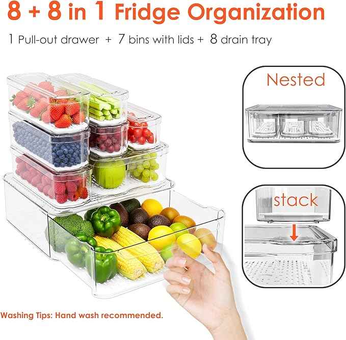 SMRCAD Fridge Organizers and Storage, 8 Pack Clear Freezer Organizer Bins with Lids for Kitchen, Pantry, Refrigerator, Food, Fruit, Vegetable Storage (8 Bins (Include Pull-out Drawer))
