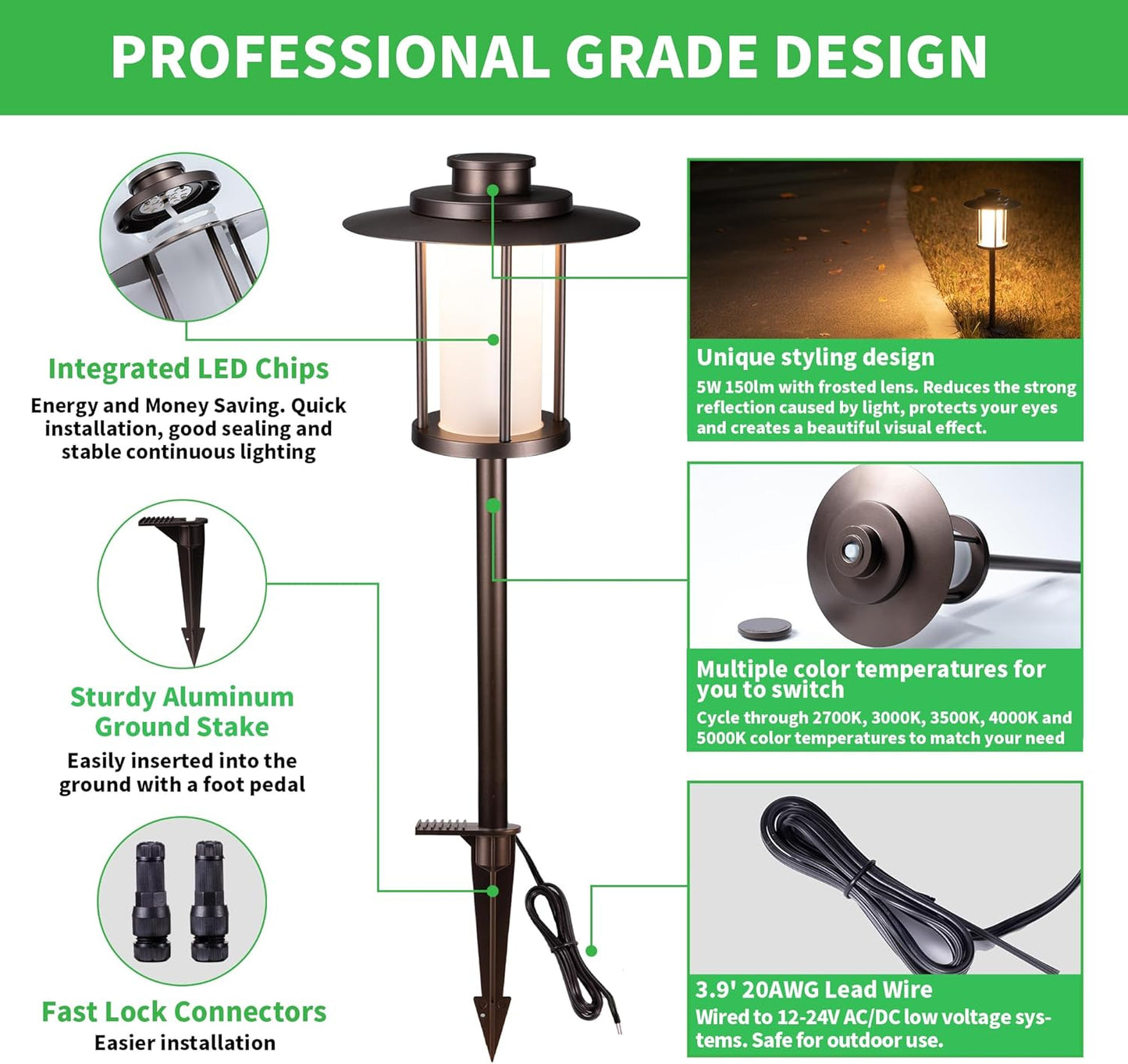 Outdoor Low Voltage Pathway Light, 12V Warm & Cool White Switchable Path Lights LED, IP65 Waterproof Landscaping Pathlight, Walk Side Lighting 5W ORB Aluminum for Backyard Lawn (6 Pack)