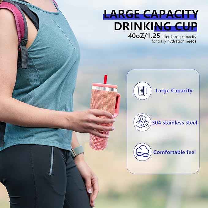 40-OZ Insulated Water Bottle,Insulated Stainless Steel Tumbler,Reusable Cold Drink Thermos,BPA-Free, Double-Wall Stainless Steel Water Bottle (Pink Gradient - Diamond, 40, Fluid Ounces)