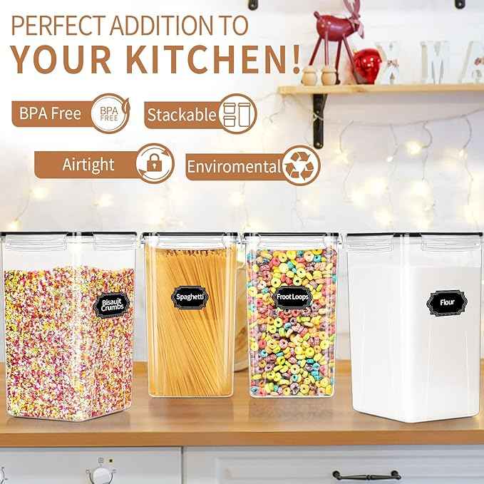 PRAKI Extra Large Tall Airtight Food Storage Containers 6.5L / 220oz, BPA Free, 4pcs Pantry Kitchen Organizers and Storage for Flour, Sugar, Plastic Flour Container with 20 Labels & Maker