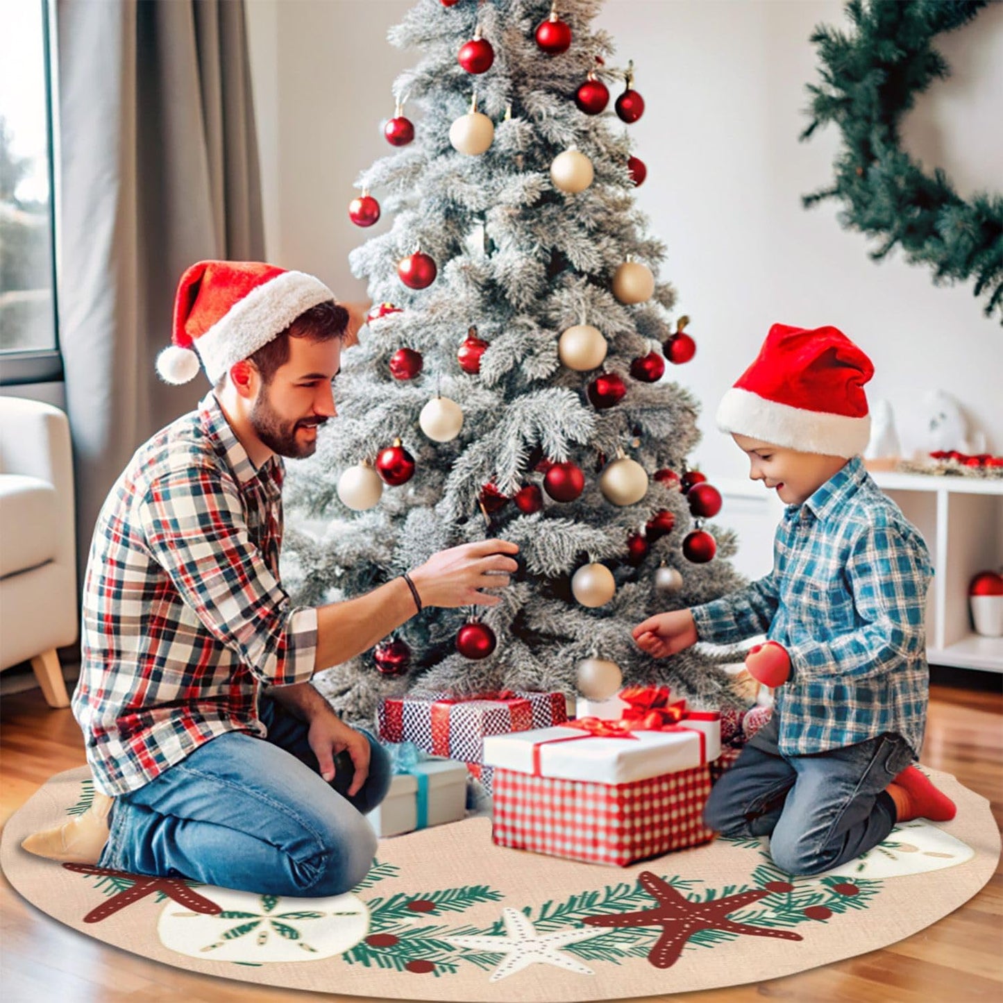 36" Large Christmas Tree Skirt, Coastal Rustic Beach Christmas Holiday Starfish Pattern Tree Mat Base Cover for Xmas Festive Holiday Party Decoration Ornaments