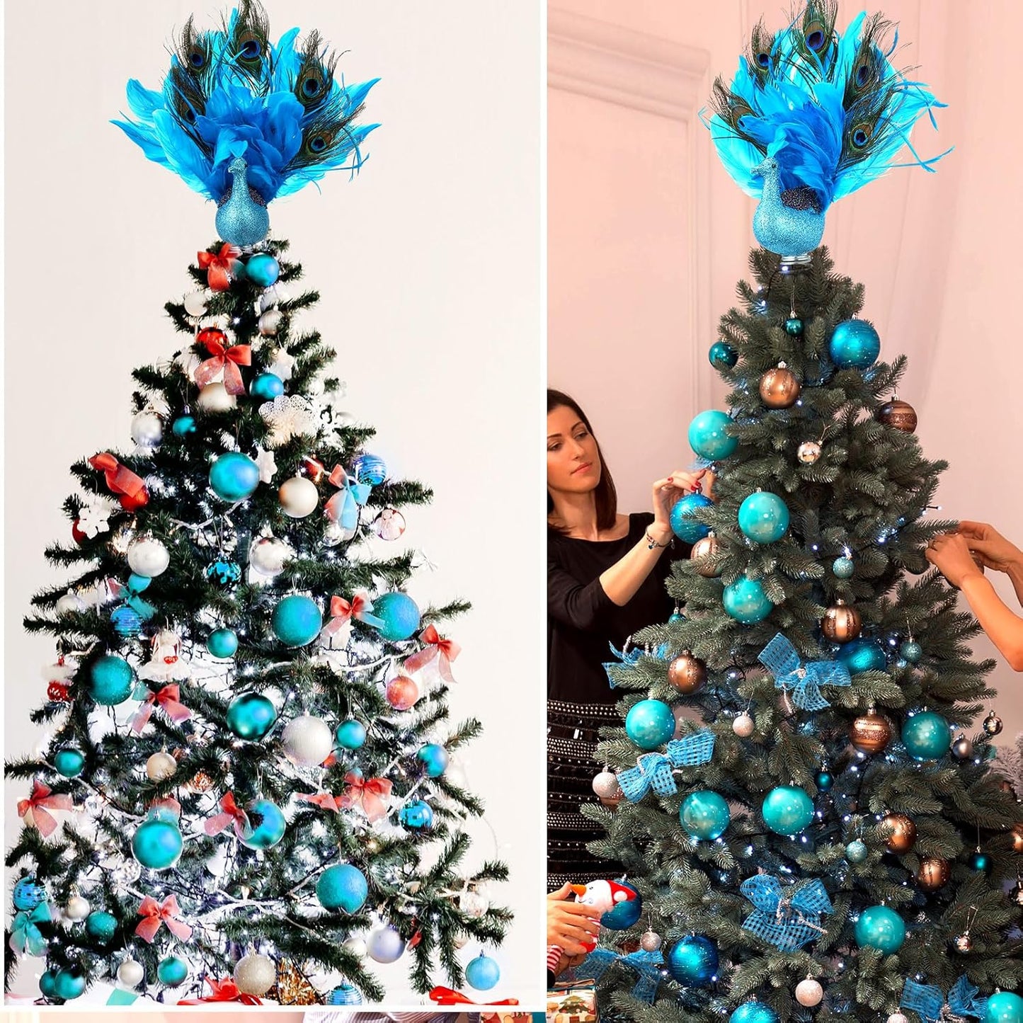 Retisee 15-Inch Christmas Peacock Tree Topper - Artificial Feather Glitter Blue Ornament for Indoor Outdoor Tree Home Decor
