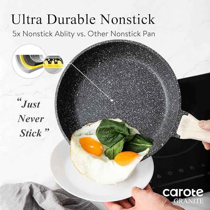 CAROTE 21pcs Pots and Pans Set Nonstick, Cookware Set Black Granite Induction Kitchen Cooking Set w/Frying Pans & Saucepans(PFOS, PFOA Free)