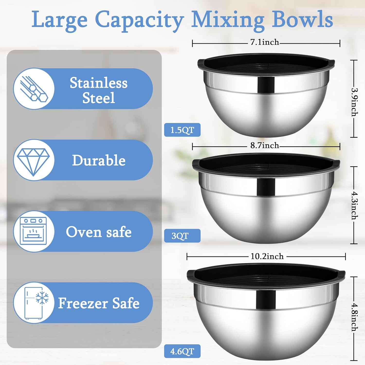 LIANYU Mixing Bowls with Lids Set of 3, Large & Small Stainless Steel Nesting Metal Bowls for Kitchen Storage, Dishwasher Safe, Size 1.5QT & 3QT & 4.6QT, Black