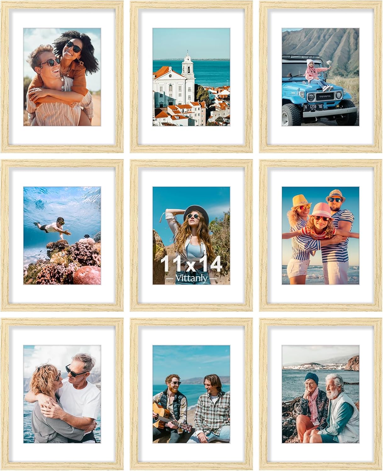 Vittanly 11x14 Picture Frames Set of 9, Shatter Resistant Plexiglass, Display 8x10 Pictures with Mat or 11x14 without Mat, Photo Frames for Wall or Tabletop, Engineered Wood, OAK