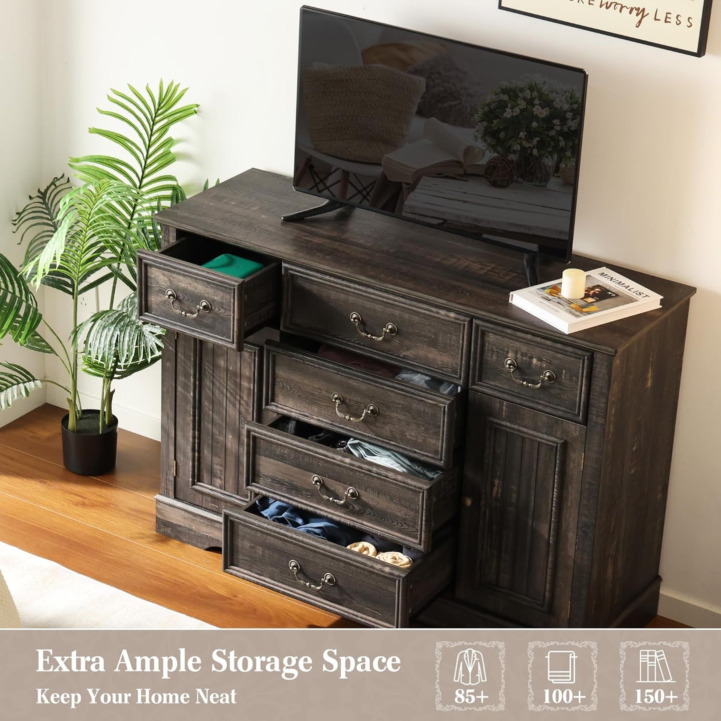 EnHomee Dresser for Bedroom with 6 Drawer & 2 Doors Wood Dressers & Chests of Drawers Farmhouse TV Stand,Entryway,Dark Rustic Oak