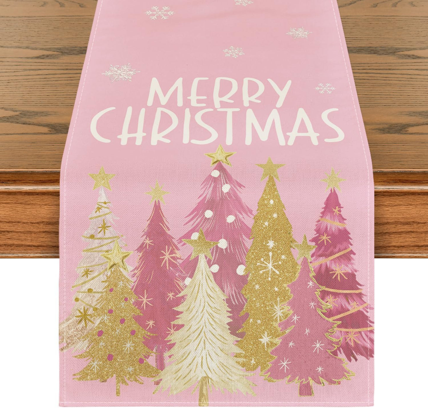 Artoid Mode Xmas Trees Snowflakes Pink Merry Christmas Table Runner, Winter Seasonal Kitchen Dining Table Decoration for Home Party Decor 13x60 Inch