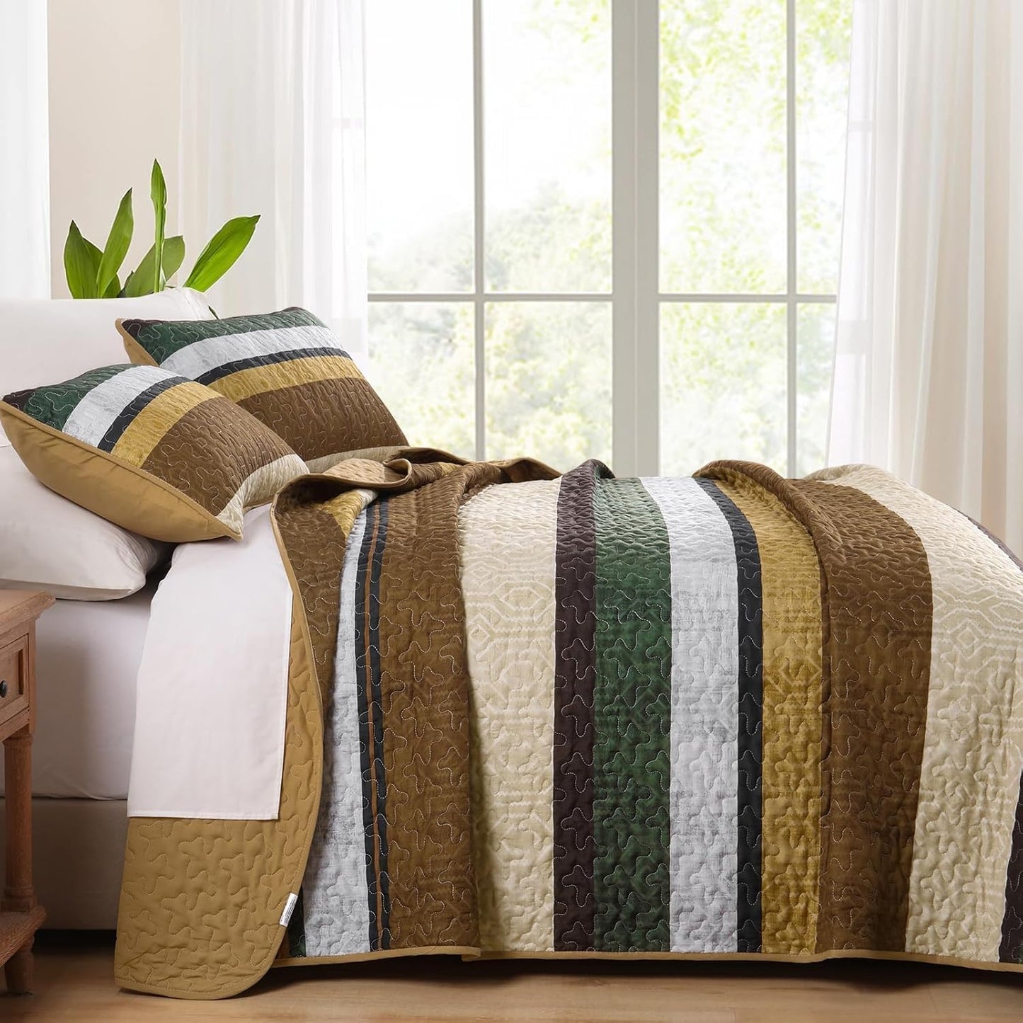 Dobuyly Brown Quilt King Size Set, Boho Fall Bedspread, Striped Bedding Sets 3 Pieces, Lightweight Soft Coverlet Bed Sets with 2 Pillow Shams 110"x90"