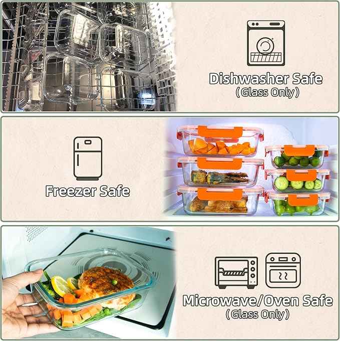 UMEIED 10 PACK Glass Food Storage Containers with Leak Proof Lids, Glass Airtight Meal Prep Containers Set for Lunch, On the Go, Leftover, Kitchen Pantry Organizers and Storage (Orange)