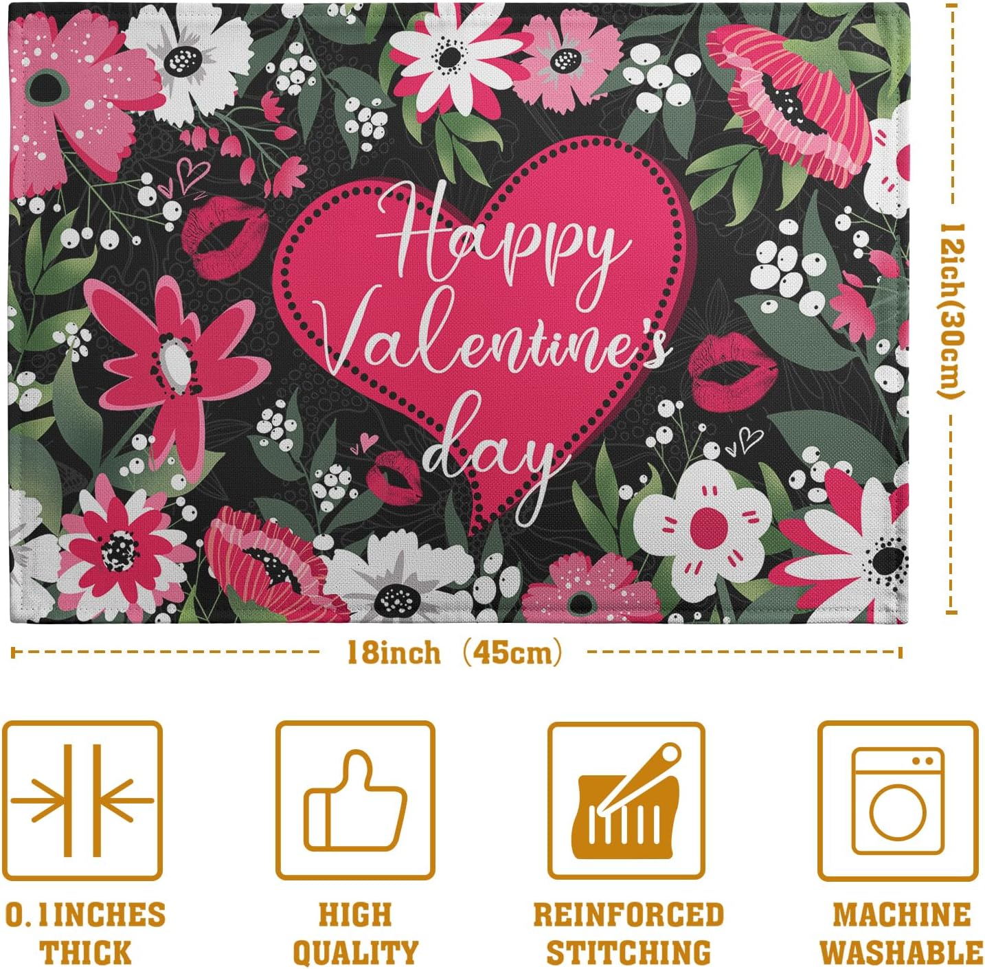 Happy Valentine's Day Placemats Set of 4 Valentine Flowers Love Heart Place Mats Pink Red White Floral Linen Table Mats Seasonal Black Placemat for Anniversary Wedding Party Kitchen Dining Decor