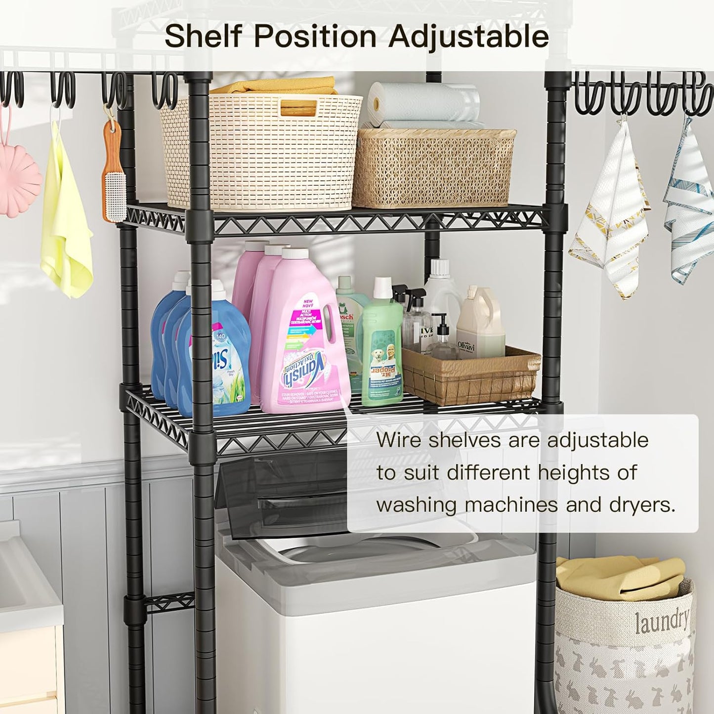 Ulif U8 Mini Laundry Room Storage Organizer, Over the Washer and Dryer Storage Shelves for Laundry Organization, 29.5”W x 17.3”D x 76.2”H, Suit Washing Machine Width within 27.1”, Hold 304 lb, Black
