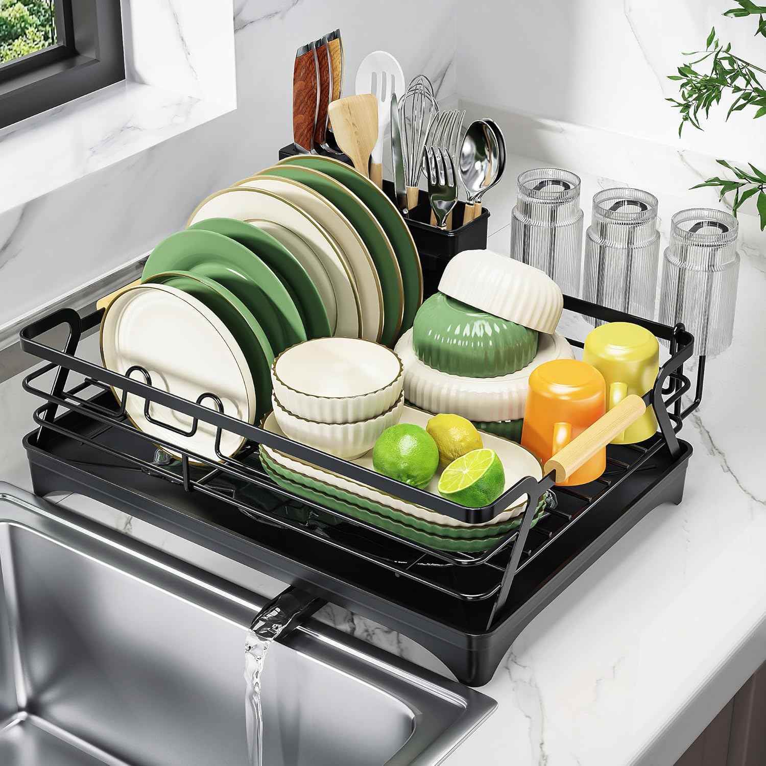 Epicano Dish Drying Rack for Kitchen Counter - Large Capacity Dish Rack with Wooden Handle,Cup Holder & Knife Slots, Rustproof Dish Drainer with Auto-Drainage System, Kitchen Sink Organizer, Black