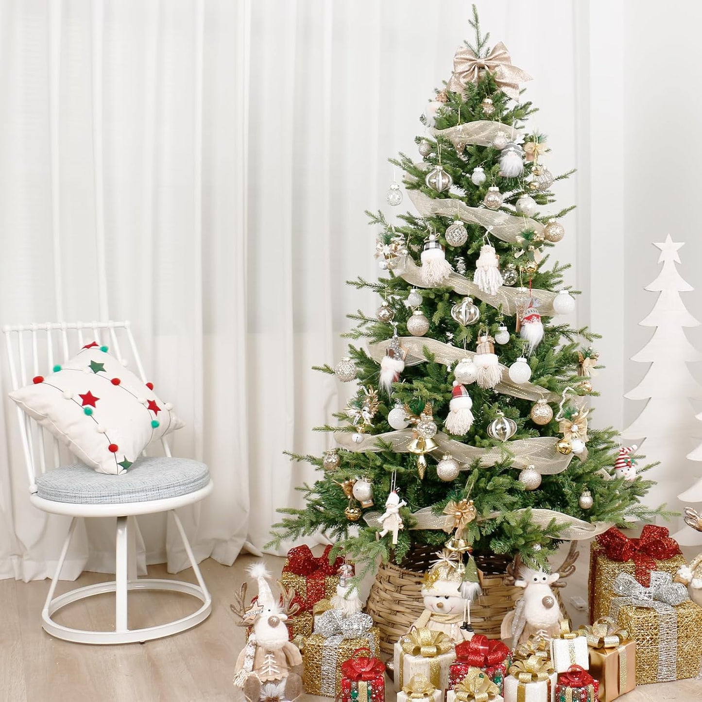 Christmas Ball Ornaments Set, 34PCS Clear Plastic Shatterproof Christmas Ornaments for Xmas Tree Hanging Decorations, for Indoor Home Thanksgiving Party Decor - Champagne/White.