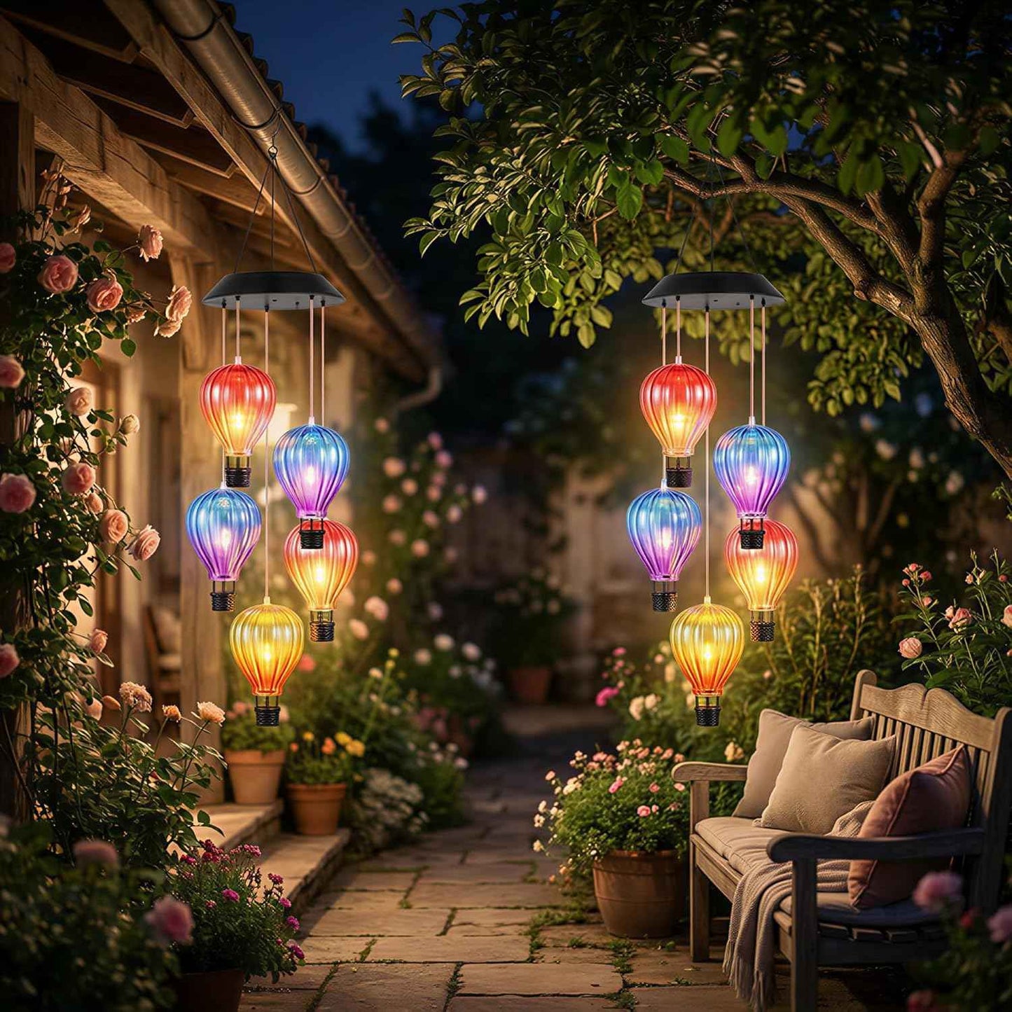 2 Pack Solar Wind Chimes with Hot Air Balloon Design, Color Changing Hot Air Balloon Solar Lantern Outdoor Lights, Wind Chimes Decor for Garden Patio Yard Gifts for Women Mom Grandma