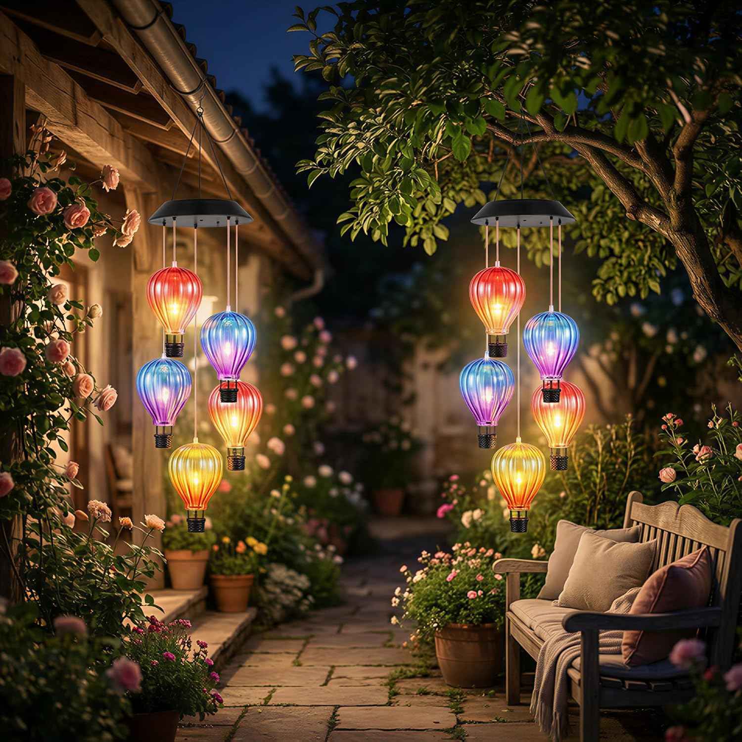 2 Pack Solar Wind Chimes with Hot Air Balloon Design, Color Changing Hot Air Balloon Solar Lantern Outdoor Lights, Wind Chimes Decor for Garden Patio Yard Gifts for Women Mom Grandma