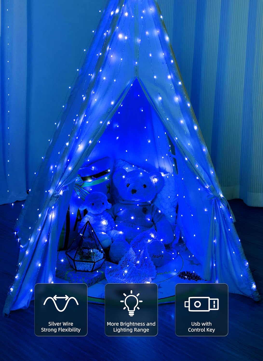 Brightown 300 LED Fairy Curtain Lights, 9.8ft x 9.8ft Curtain String Lights, USB Plug in 8 Lighting Modes LED Christmas String Hanging Lights with Remote for Bedroom Indoor Outdoor Weddings Party Xmas