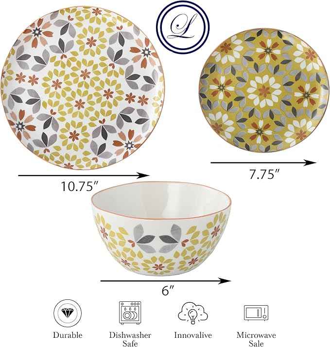 Lorren Home Trends Floral Dinnerware Set, 12 Piece, Bone China, Yellow and Gray Pattern, Microwave and Dishwasher Safe