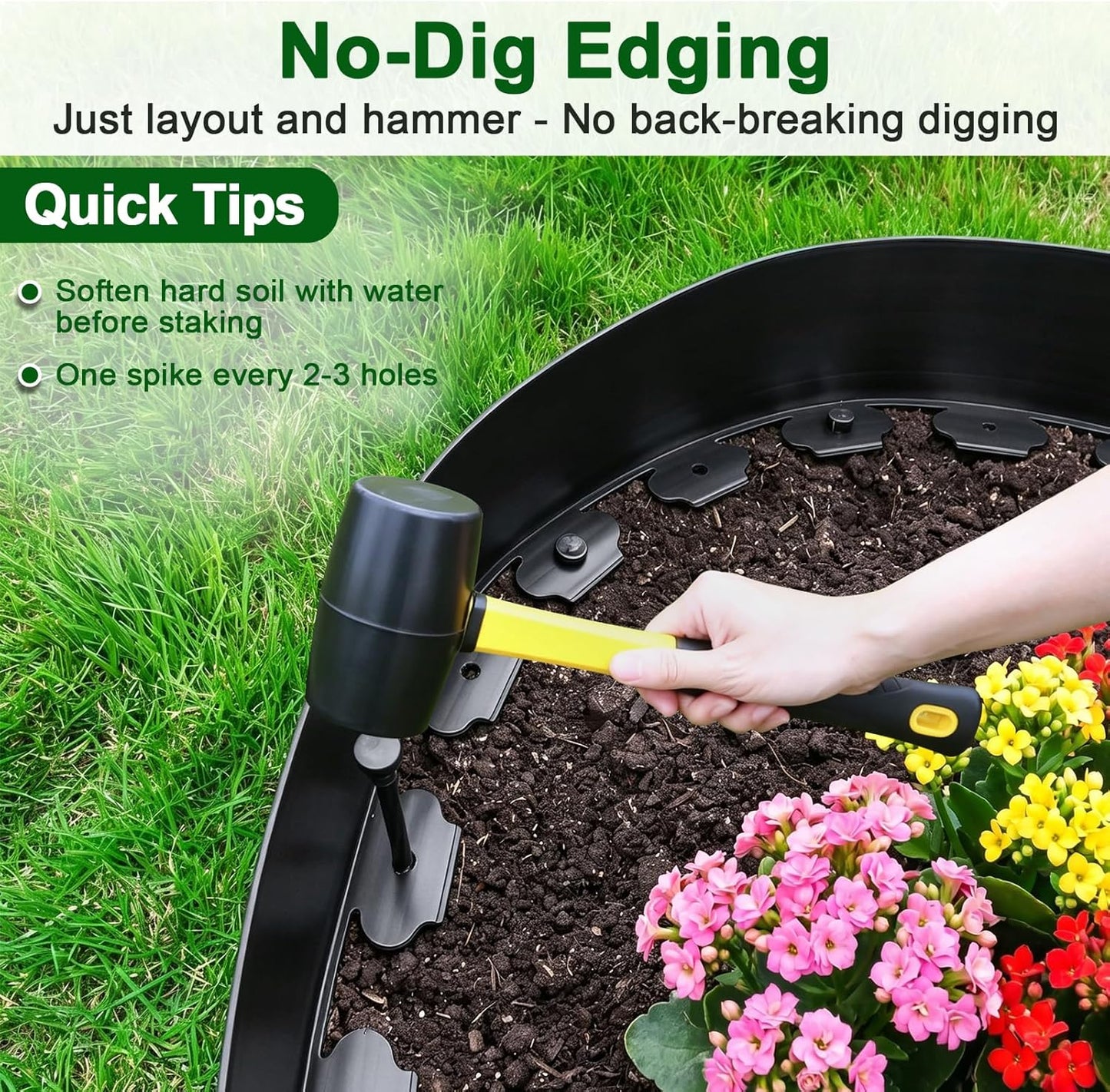 Landscape Edging Kit, 4 Inch Tall 33Ft No Dig Garden Edging Border with 50 Pcs Reinforced Spikes, Plastic Garden Barrier for Landscaping, Lawn, Yard, Flower Bed, Paver, Pathway, Grass, Black