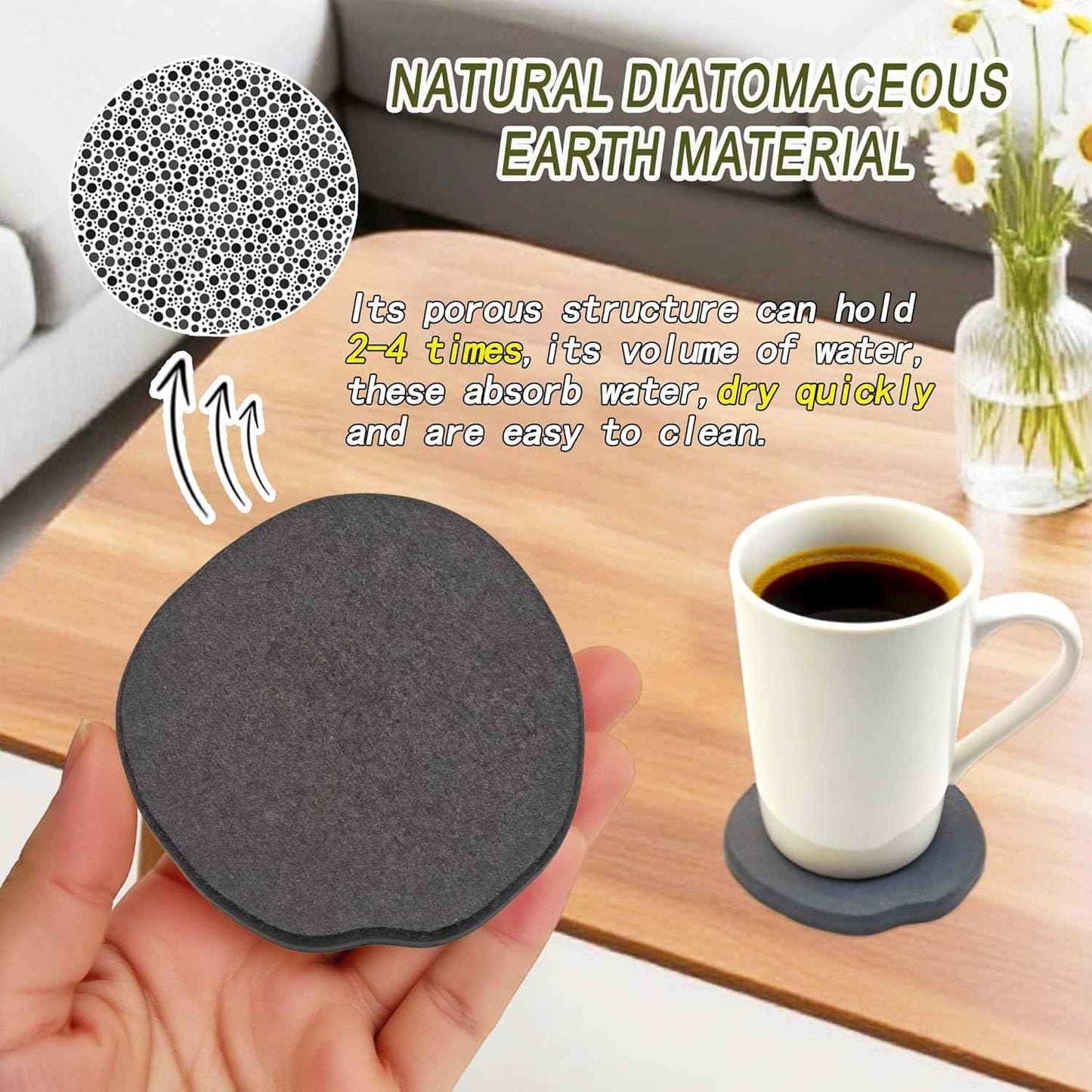 Diatomite Coasters Set of 6 | Absorbent Coasters for Drinks Cute Modern Unique Aesthetic Stone Coaster for Desks Coffee Table, Instant Drying, with 24 Scratch Protection Pads, Dark Grey