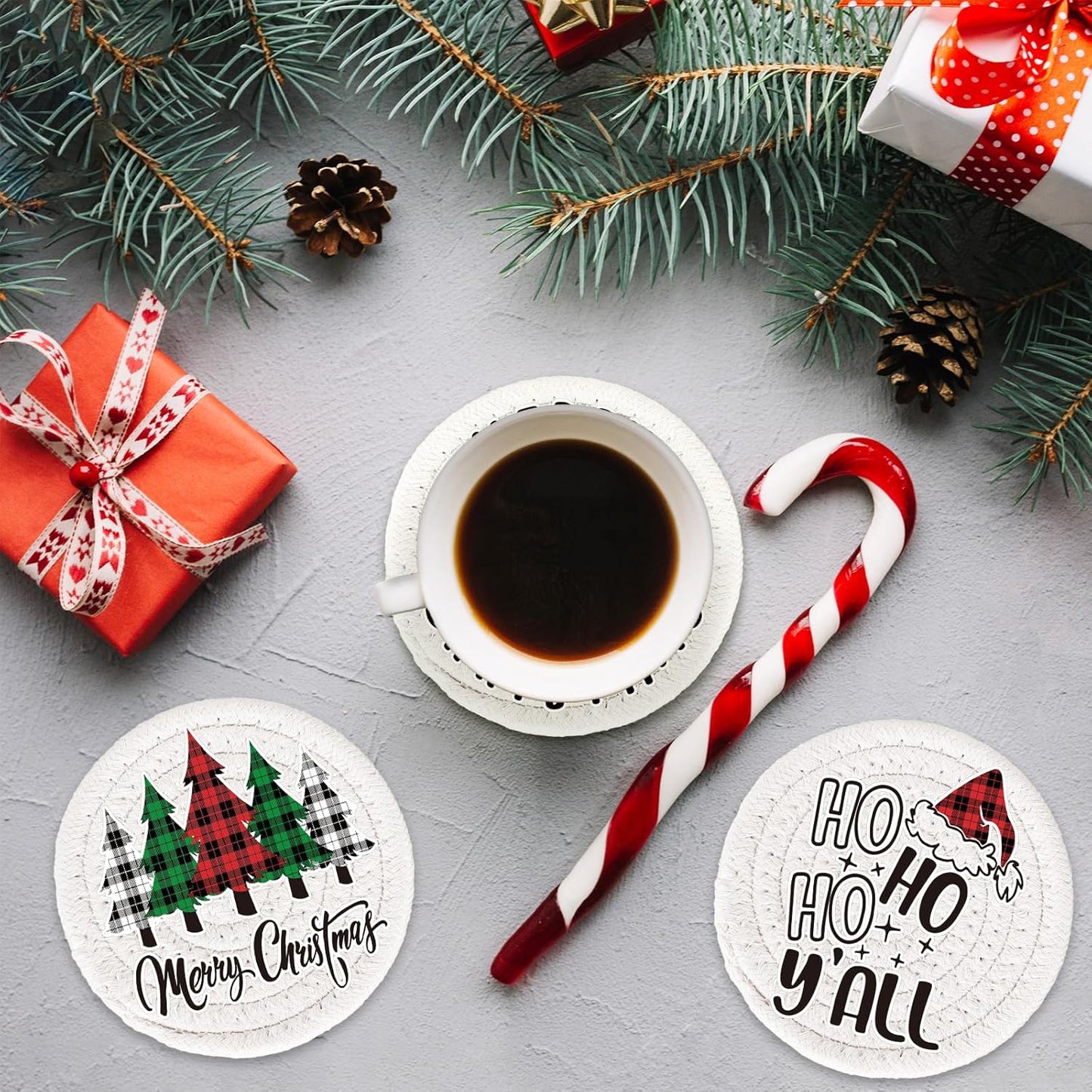 Whaline 4Pcs Merry Christmas Cup Coasters Handmade Braided Cotton Drink Coasters Xmas Buffalo Plaid Anti Slip Absorbent Tabletop Protection for Home Office Party Tableware, 4.3 × 4.3 inch