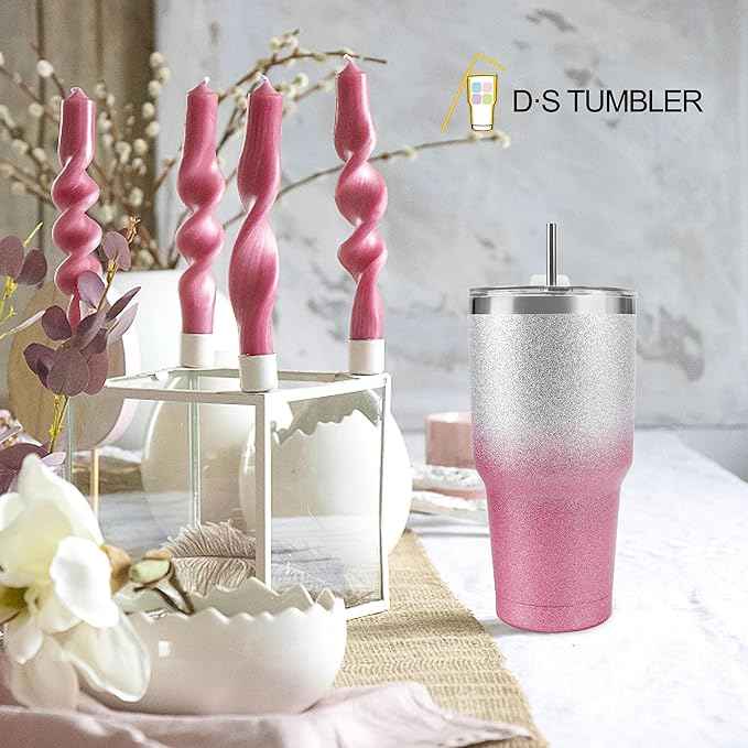 D·S 30 oz Tumbler Pink Glitter Gradient Cup Stainless Steel Double Wall Vacuum Insulated Mug with Straw and Lid, Cleaning Brush for Cold and Hot Beverages