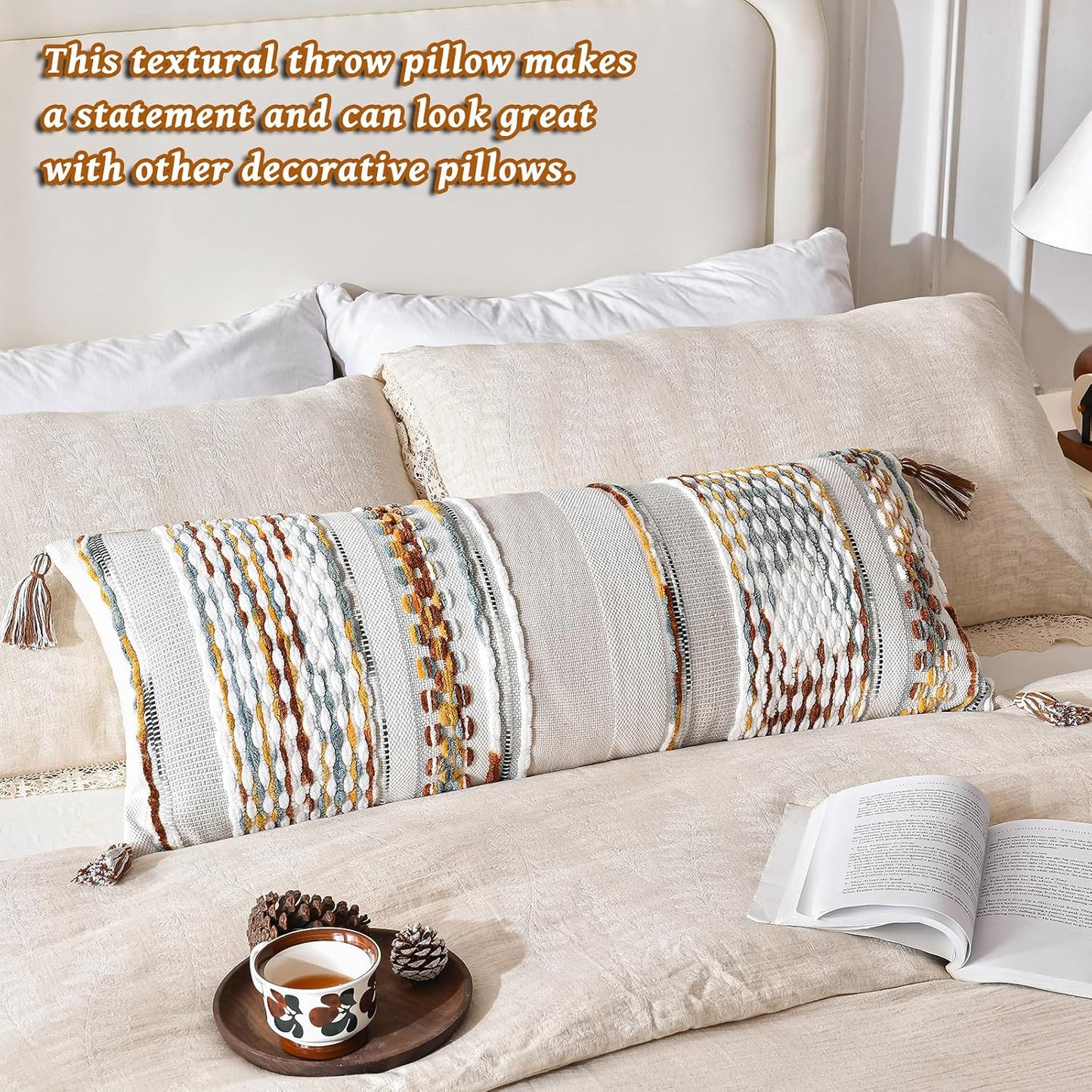 AmHoo Chenille Striped Textured Boho Throw Pillow Covers Aesthetic with Tassels Woven Decorative Pillow Case for Couch Bed Sofa Bedroom Modern Funky 14 x 36-Inch Brown