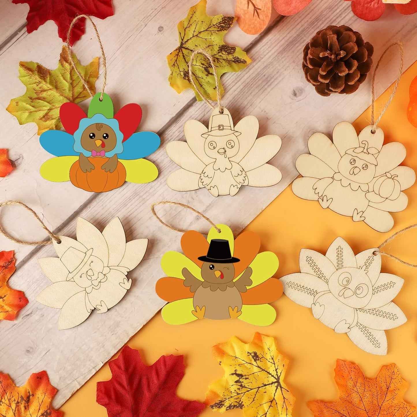 24 PCS Unfinished Wooden Thanksgiving Crafts, Turkey Shaped Hanging Ornaments DIY Wood Craft Cutouts for Thanksgiving Party Decor (Turkey)
