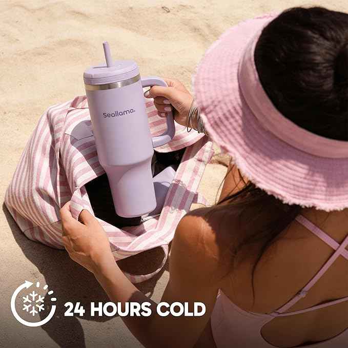 Seallama. Tumbler with Handle and Straw 40 oz | Cup Holder Compatible for Travel | Insulated Stainless Steel Cup | BPA-Free | (Mauve Meringue)