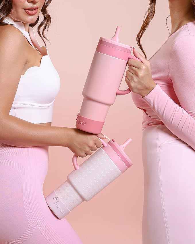 40 oz Insulated Tumbler with Handle and Push-Button Straw Lid, Stainless Steel Travel Cup for Gym Office, Leakproof, BPA-Free, Cup Holder Friendly, Bow Silicone Boot, Pink (Coquette Blush)