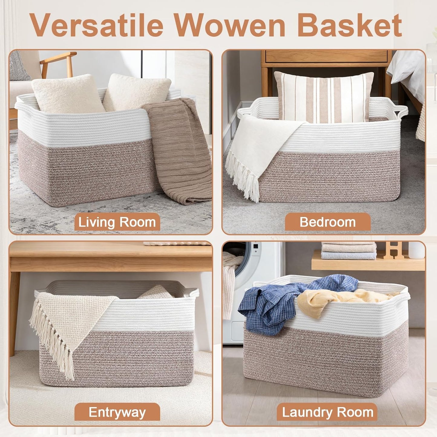 75L Extra Large Blanket Basket for Living Room - Cotton Rope Laundry Hamper Woven Baskets XXL Storage Bin with Handles for Dirty Clothes, Kids, Pets, Toys, Bedroom, 22" x 17" x 12", White & Brown