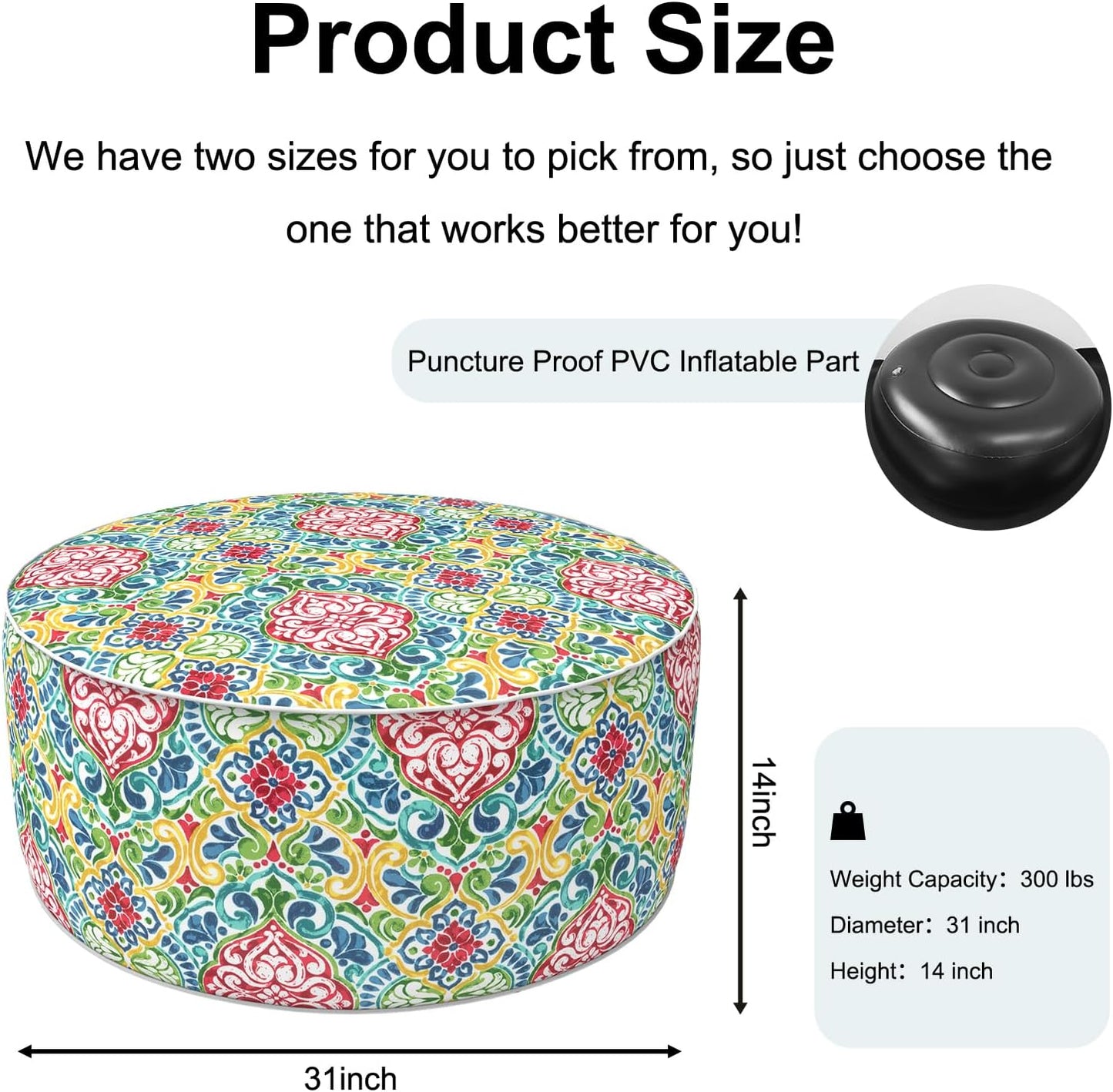 Inflatable Ottoman Stool D31 xH14 for Outdoor/Indoor Use, Water Repellent Patio Foot Rest Stool with Portable Handle,Round Pouf Ottoman Suitable for Garden,Deck and Camping - Damask Red